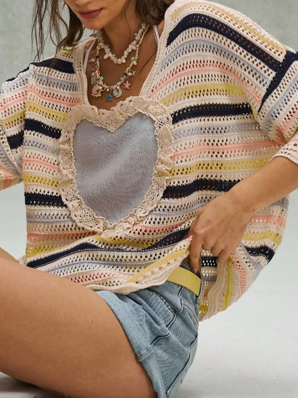 Multicolor Boho Women's Lace Patchwork Heart Print Short Sleeve Sweater
